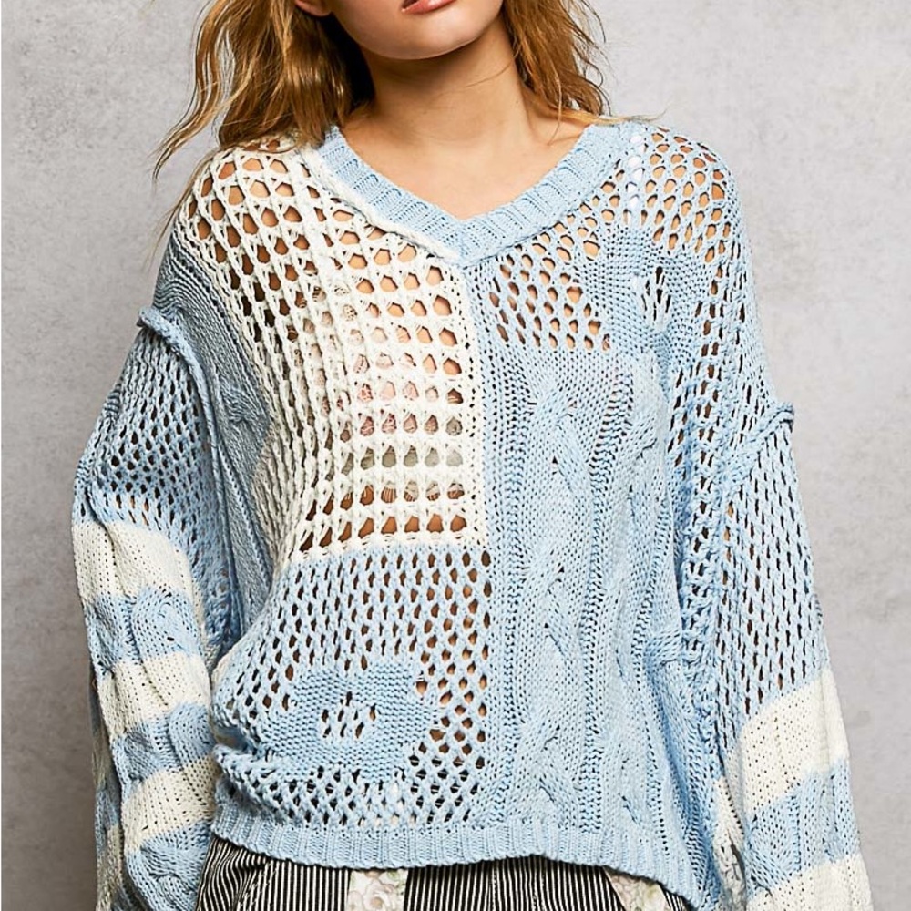 POL Light Blue and Cream V-Neck Sweater